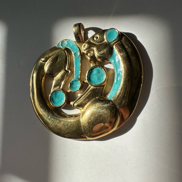 Rare Piece Scythian Gold Panther Pendant with Turquoise Accents Vintage Accent